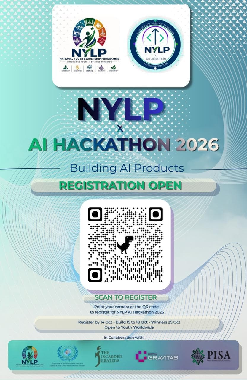 NYLP AI Hackathon 2026 poster promoting AI-powered products, innovation, and youth participation